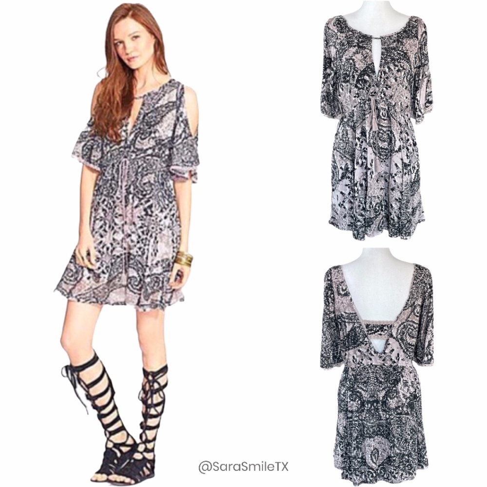 FREE PEOPLE - Love Birds - Boho Linen Low Back Short Sleeve Mini Dress - NWOT